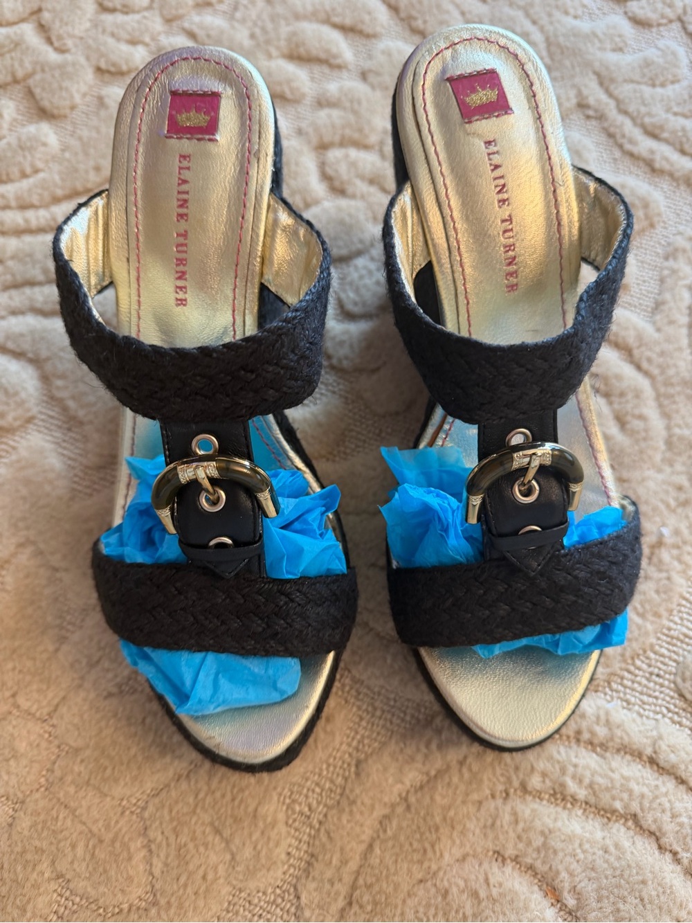 Black Raffia w/gold Buckle wedge
New!